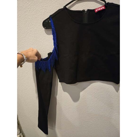 Staud Ellen Beaded Cut-Out Crop Top Black Long Sleeve Women's M Party - Picture 2 of 9